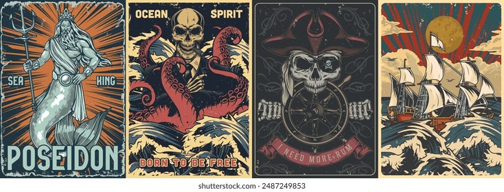 Sea dangers set flyers colorful with evil Poseidon and skeleton near skull with steering wheel of sailing ship vector illustration