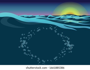 Sea and dawn. Summer landscape. Underworld. Place for text. 