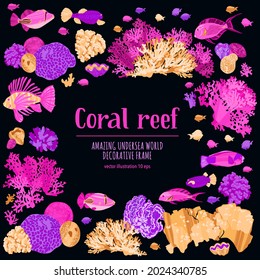 Sea decorative frame with tropical fishes and corals. Colorful hand drawn undersea life with dry brush texture. Vector illustration in trendy flat style for wallpapers, web, surface textures, textile.