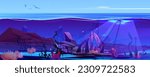 Sea deep light underwater surface cartoon vector background. Under water marine world abstract seabed scene. Tropical ocean nature aqua landscape with spotlight ray on coral reef and rock view