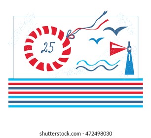 Sea design card for birthday or party - vector graphic illustration, simple style