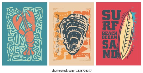 Sea ​​adventure design for the summer. Shell surf and lobster T-shirt design.Vector illustration.