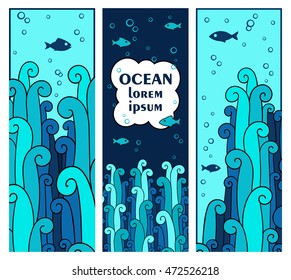 Sea design. Vector illustration with fish and seaweeds. Can be used like invitation or menu design.