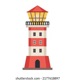 Sea detailed lighthouse icon isolated on white - vector. Beacon tower with searchlight lamp isolated icon. Vector nautical striped tower, navigation symbol, seafarer beacon.
