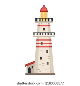 Icono de faro detallado del mar aislado en blanco - vector. Torre de la luz de la luz de búsqueda con icono aislado. Torre vectorial de rayas náuticas, símbolo de navegación, faro marino.