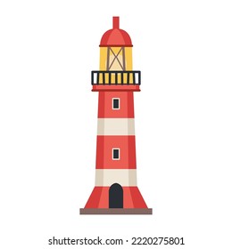 Sea detailed lighthouse icon isolated on white - vector. Beacon tower with searchlight lamp isolated icon. Vector nautical striped tower, navigation symbol, seafarer beacon.