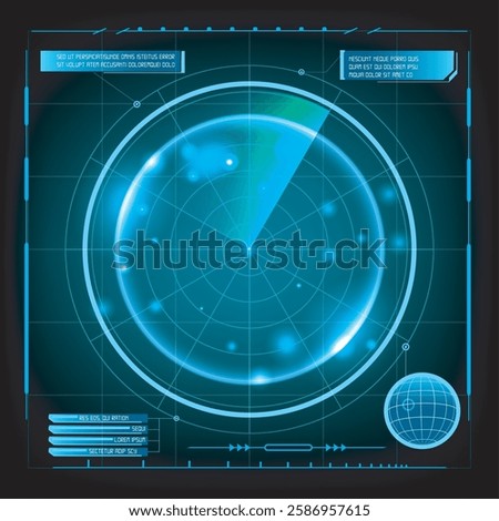 Sea detector display. Navy ship sonar navigation screen hud digital interface ocean marine flight search naval weapon targeting isolated on black background vector illustration