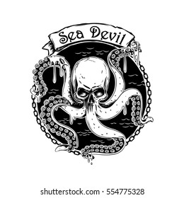 Sea Devil Black, Logo vector, Octopus is watching us, devilfish, black Sea, Octopus head skull