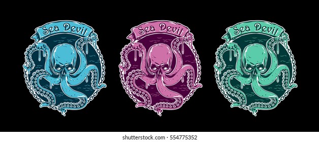 Sea Devil color, Logo, Octopus is watching us, devilfish, black Sea, Octopus head skull