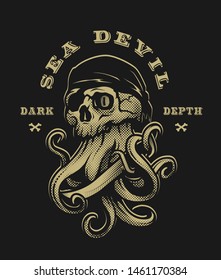 Sea devil. Pirate skull with tentacles of octopus on a dark background.