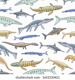 Sea dinosaur animals vector seamless pattern of jurassic dino reptiles ansd monsters background. Marine predatory mosasaur, liopleurodon, ichthyosaurus and plesiosaur, tylosaurus and kronosaurus
