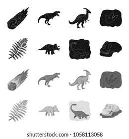 Sea dinosaur,triceratops, prehistoric plant, human skull. Dinosaur and prehistoric period set collection icons in black,monochrome style vector symbol stock illustration web.