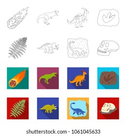 Sea dinosaur,triceratops, prehistoric plant, human skull. Dinosaur and prehistoric period set collection icons in outline,flet style vector symbol stock illustration web.