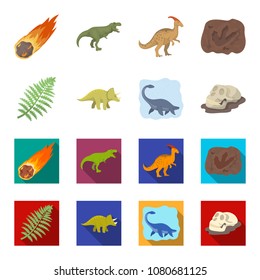 Sea dinosaur,triceratops, prehistoric plant, human skull. Dinosaur and prehistoric period set collection icons in cartoon,flat style vector symbol stock illustration web.