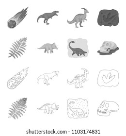 Sea dinosaur,triceratops, prehistoric plant, human skull. Dinosaur and prehistoric period set collection icons in outline,monochrome style vector symbol stock illustration web.