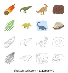 Sea dinosaur,triceratops, prehistoric plant, human skull. Dinosaur and prehistoric period set collection icons in cartoon,outline style vector symbol stock illustration web.