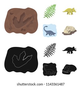 Sea dinosaur,triceratops, prehistoric plant, human skull. Dinosaur and prehistoric period set collection icons in cartoon,black style vector symbol stock illustration web.