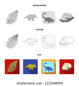 Sea dinosaur,triceratops, prehistoric plant, human skull. Dinosaur and prehistoric period set collection icons in flat,outline,monochrome style vector symbol stock illustration web.