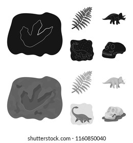 Sea dinosaur,triceratops, prehistoric plant, human skull. Dinosaur and prehistoric period set collection icons in black,monochrome style vector symbol stock illustration web.