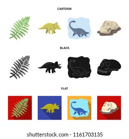 Sea dinosaur,triceratops, prehistoric plant, human skull. Dinosaur and prehistoric period set collection icons in cartoon,black,flat style vector symbol stock illustration web.
