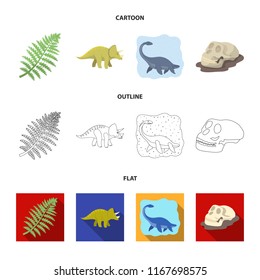 Sea dinosaur,triceratops, prehistoric plant, human skull. Dinosaur and prehistoric period set collection icons in cartoon,outline,flat style vector symbol stock illustration web.