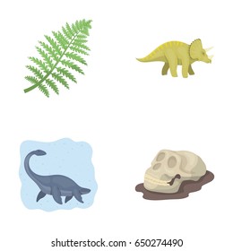 Sea dinosaur,triceratops, prehistoric plant, human skull. Dinosaur and prehistoric period set collection icons in cartoon style vector symbol stock illustration web.