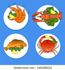 Sea dishes with shrimps, 
crayfish, fish, crab