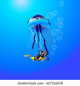 Sea diver cartoon character floating with jellyfish parachute 