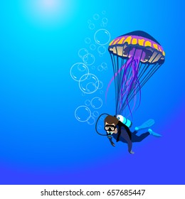 Sea diver cartoon character floating with jellyfish parachute 