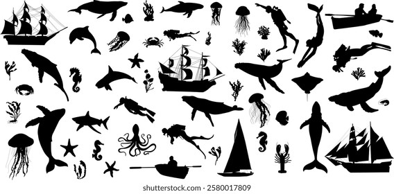 sea ​​set,ships,whales,fish,scuba diver,jellyfish collection,set silhouette on white background vector