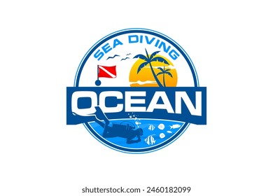 Sea diving beach resort logo design with illustration elements of divers on the beach with a sunset view.