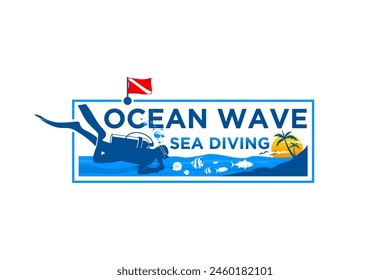 Sea diving beach resort logo design with illustration elements of divers on the beach with a sunset view.