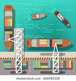 Sea Dock Or Cargo Seaport With Floating Ships And Boats. Top View Vector Illustration. Sea Ship And Cargo Transportation In Port