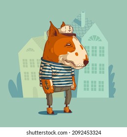 A sea dog, vector illustration. Anthropomorphic bull terrier, with massive arms and anchor tattoo, in sailor's uniform, standing against buildings' silhouettes. Animal character with human body. Furry