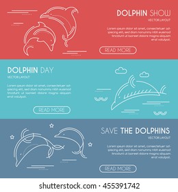 Sea dolphin - company banner design template with thin line style illustration and sample text. Dolphinaruim, save the dolphins, dolphin day - vector card template. Minimalistic outlined design.