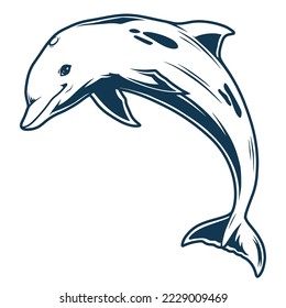 Sea dolphin detailed monochrome sticker jumping fish for childrens design or popular science literature about underwater fauna ocean vector illustration