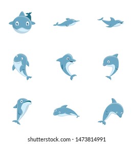 Sea dolphin icon set. Cartoon set of 9 sea dolphin vector icons for web design isolated on white background