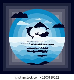 Sea dolphins origami paper cut blue seaside background. Underwater cave and ocean creatures card. Vector seascape concept. Nature aquatic papercut illustration.