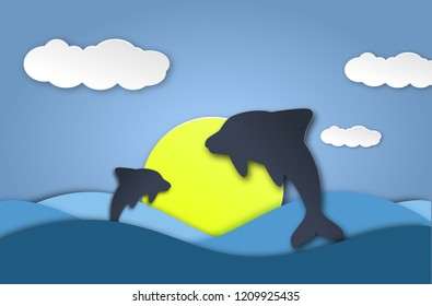 Sea dolphins origami paper cut blue seaside background. Underwater cave and ocean creatures card. Vector seascape concept. Nature aquatic papercut illustration.