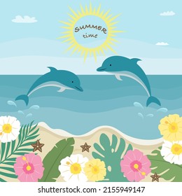 Meer ​ ​ Küste mit Delphinen. Sommerzeit. Vektorgrafik 