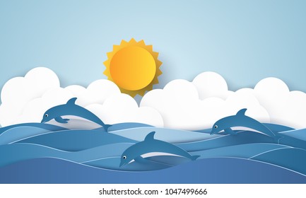 Sea with dolphins and sun , paper art style