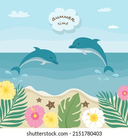 Sea ​​coast with dolphins. Vector illustration 