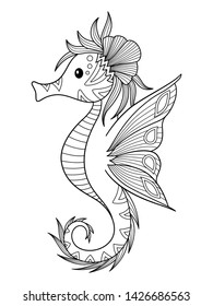 Sea doodle antistress coloring book page seahorse