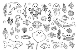 Sea Doodle Big Set With Cute Sea Life Elements. Hand Drawn Sketch With Ocean Animal. Vector Icon