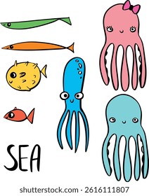 sea doodle children set . Vector illustration