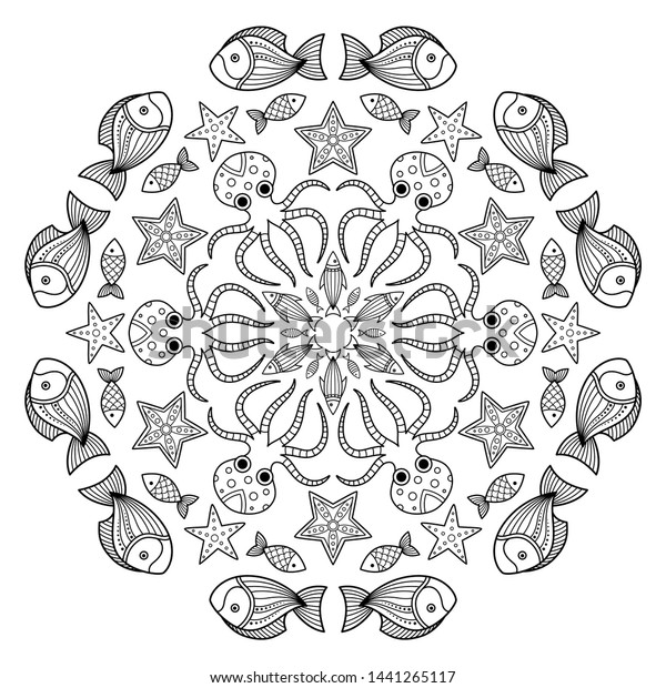 Sea Doodle Coloring Book Page Mandala Stock Vector (Royalty Free ...