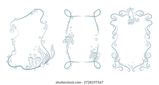 Conjunto de borde de marco de doodle de mar con Elementos de Vector de verano dibujados a mano. Cajas de invitación marinas con olas del océano y tortugas, calamares y burbujas, algas marinas con corales en arte de línea azul para tarjeta de cumpleaños de niños