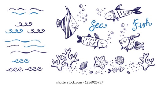 Sea doodle set. Cute vector hand drawn isolated objects: fish, waves, starfish, shells, stones, bubbles, corals and even the skeleton of fish. A lot of fun items for your design.