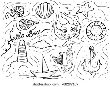 Sea doodle set. Hand drawn mermaid, starfish, shell, anchor, lifebuoy, crab, sailing ship on white background. Vector illustration. Hello sea. Perfect for greeting card, postcard, print, coloring book
