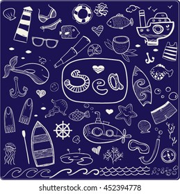Sea doodle set. Vector hand drawn icons. Cute marine card or background.Cartoon illustration.Clip art for design. Summer, vacation them.